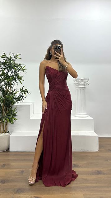 Burgundy Strapless Chiffon Evening Dress