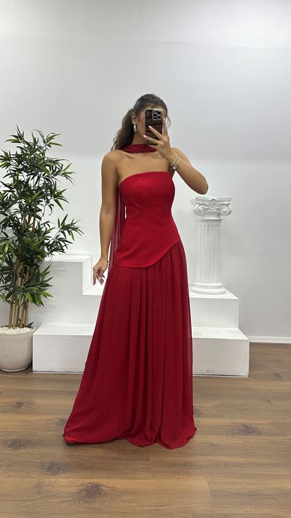 Kırmızı Straplez Şifon Detay Abiye Elbise