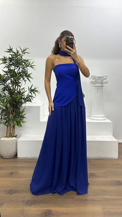 Saks Straplez Şifon Detay Abiye Elbise