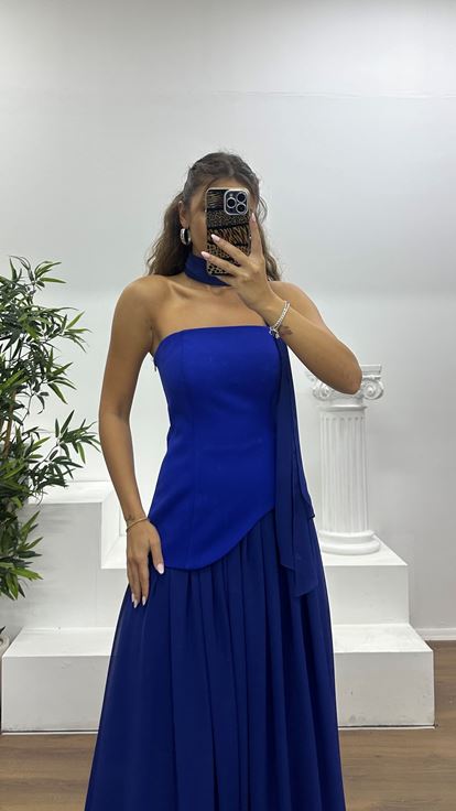 Saks Straplez Şifon Detay Abiye Elbise