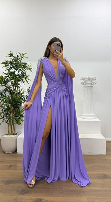 Lilac Shoulder Stone Detail Evening Dress