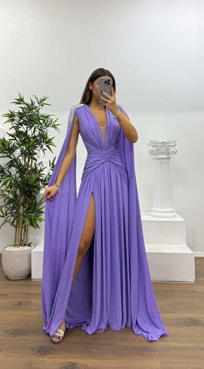 Lilac Shoulder Stone Detail Evening Dress
