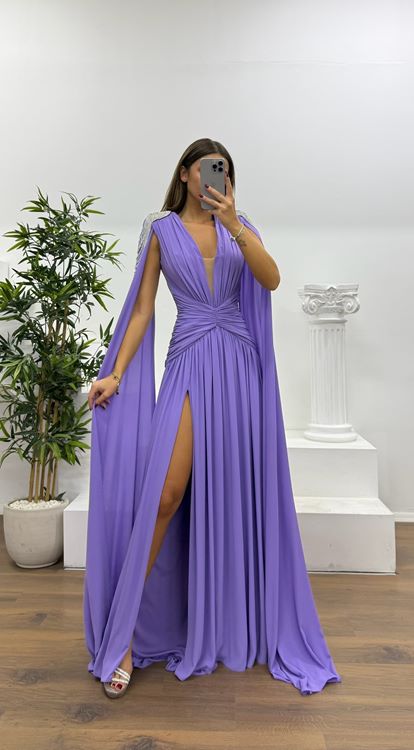 Lilac Shoulder Stone Detail Evening Dress