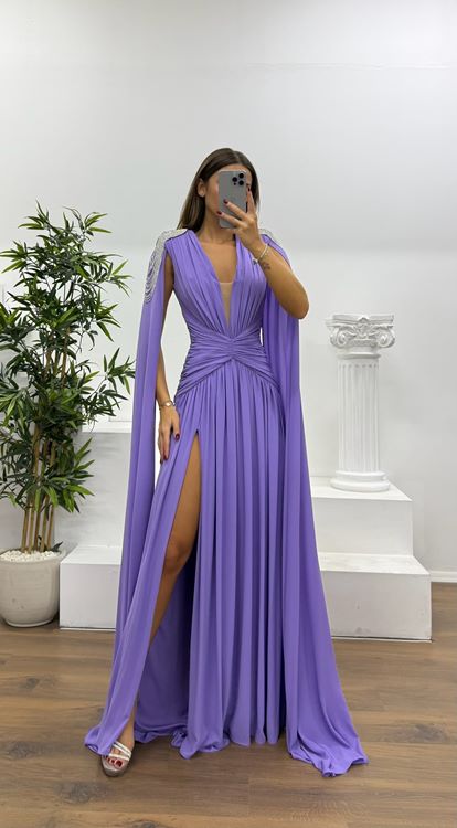 Lilac Shoulder Stone Detail Evening Dress