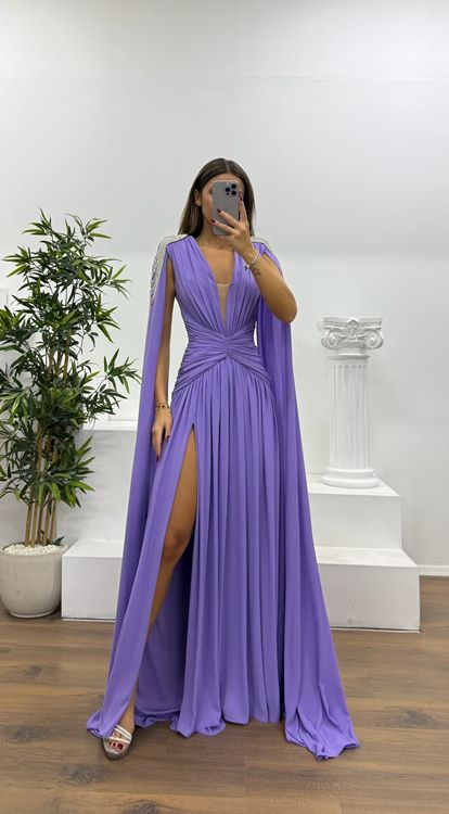 Lilac Shoulder Stone Detail Evening Dress