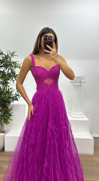 Fuşya Askılı Tül Abiye Elbise