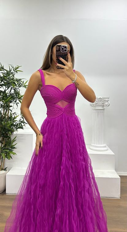 Fuşya Askılı Tül Abiye Elbise