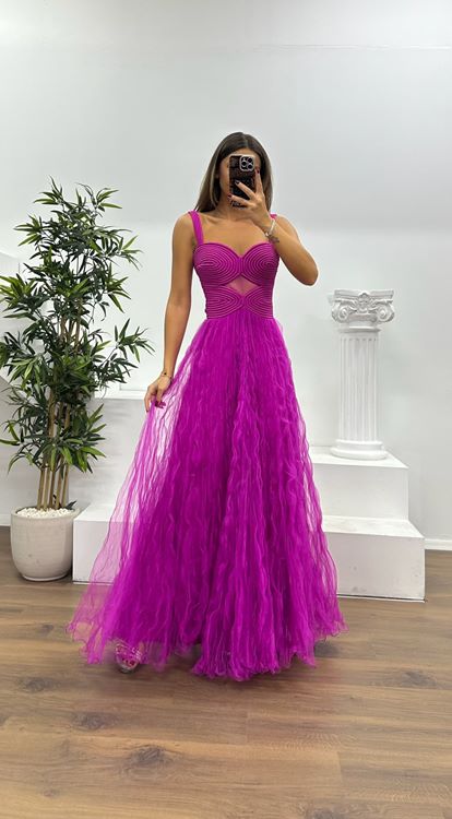 Fuşya Askılı Tül Abiye Elbise