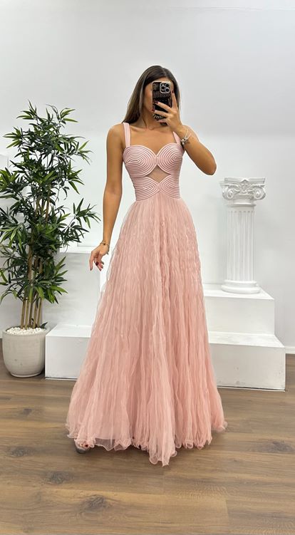 Pudra Askılı Tül Abiye Elbise