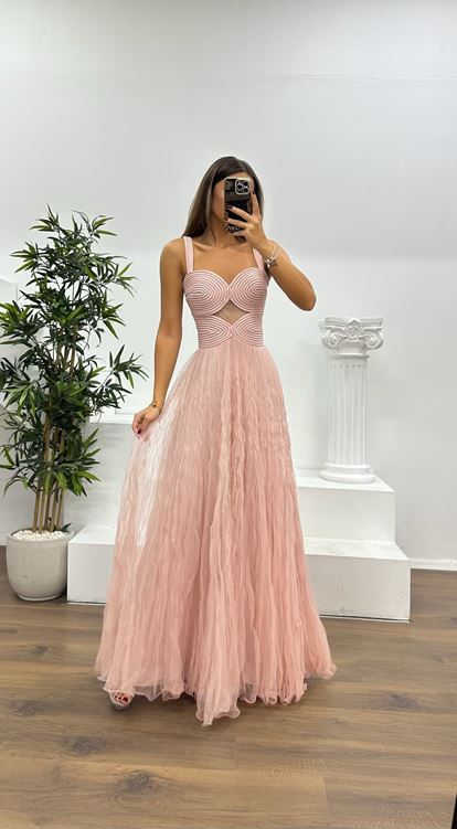 Pudra Askılı Tül Abiye Elbise