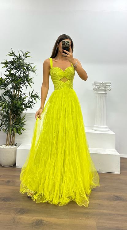 Elma Yeşili Askılı Tül Abiye Elbise