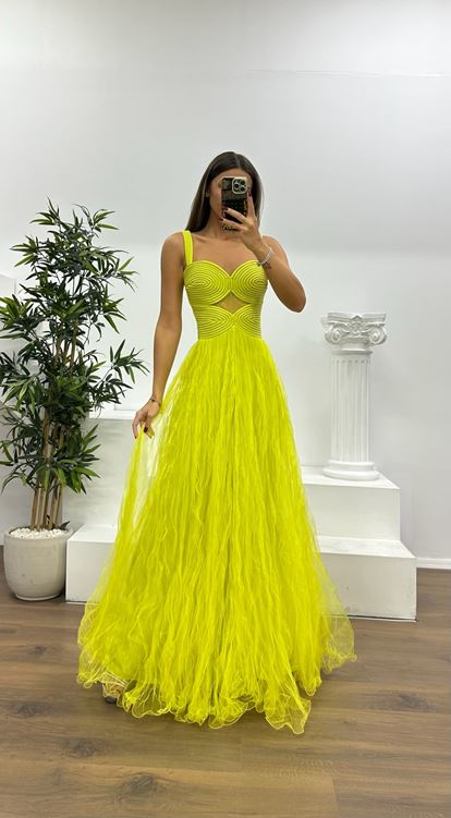 Elma Yeşili Askılı Tül Abiye Elbise