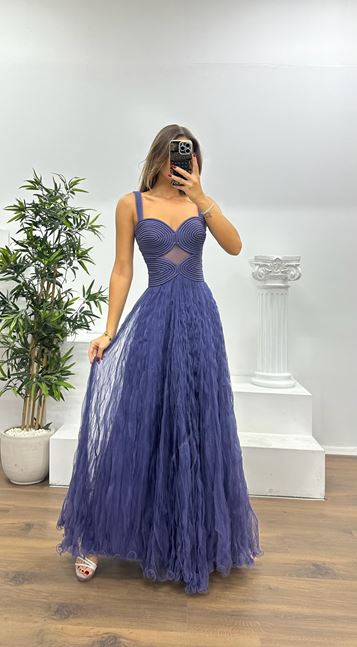 Lavanta Askılı Tül Abiye Elbise