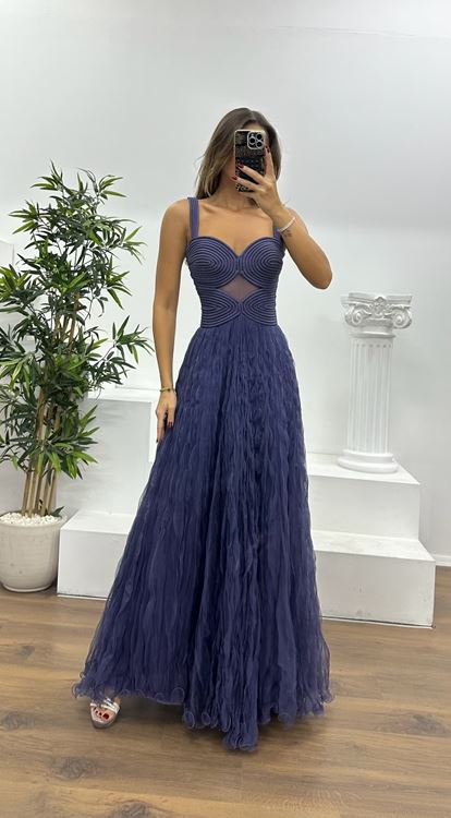 Lavanta Askılı Tül Abiye Elbise