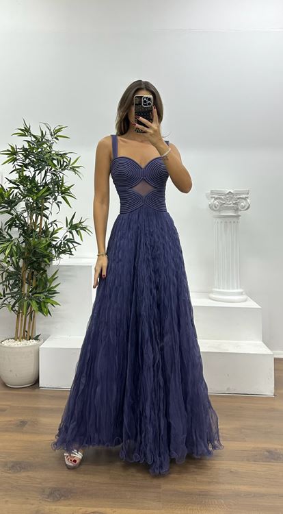 Lavanta Askılı Tül Abiye Elbise