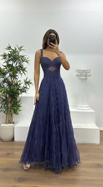 Lavanta Askılı Tül Abiye Elbise