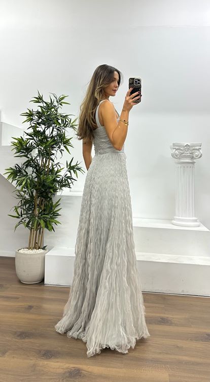 Gri Askılı Tül Abiye Elbise