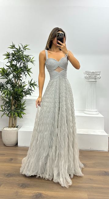 Gri Askılı Tül Abiye Elbise