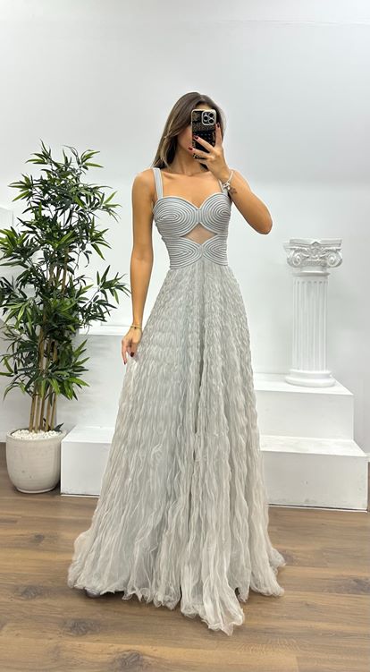 Gri Askılı Tül Abiye Elbise