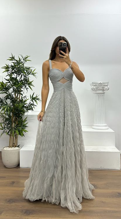 Gri Askılı Tül Abiye Elbise