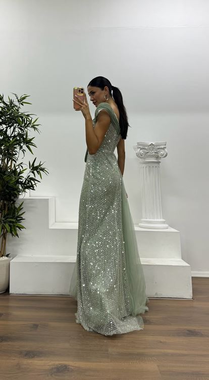 Firuze Tek Omuz Tül Detay Abiye Elbise