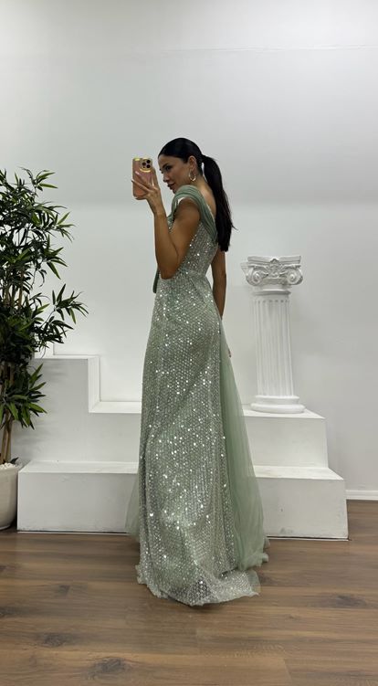 Firuze Tek Omuz Tül Detay Abiye Elbise