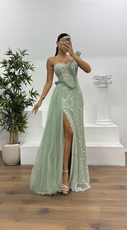 Firuze Tek Omuz Tül Detay Abiye Elbise