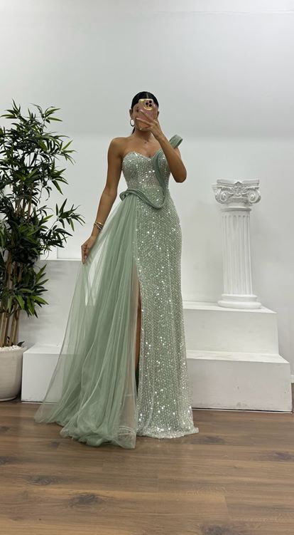 Firuze Tek Omuz Tül Detay Abiye Elbise