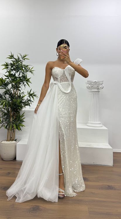 Kemik Tek Omuz Tül Detay Abiye Elbise