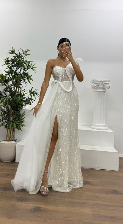 Kemik Tek Omuz Tül Detay Abiye Elbise