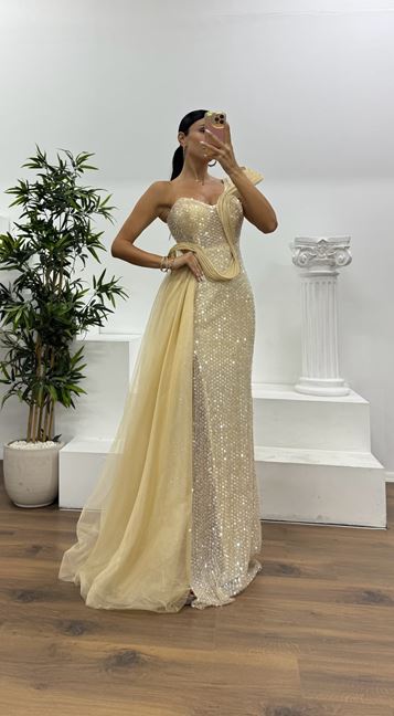Açık Gold Tek Omuz Tül Detay Abiye Elbise