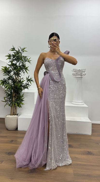 Lila Tek Omuz Tül Detay Abiye Elbise