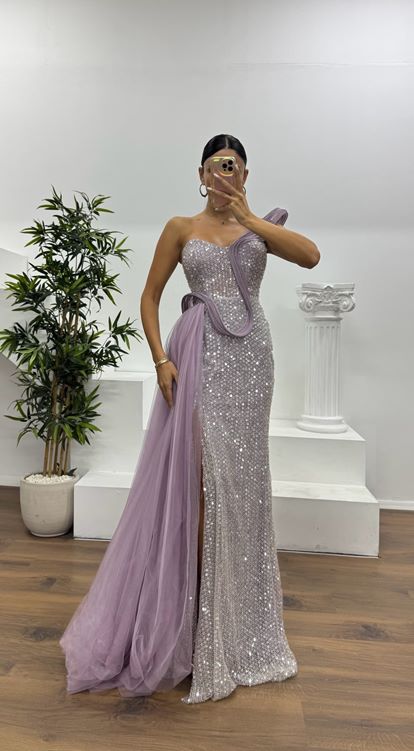 Lila Tek Omuz Tül Detay Abiye Elbise