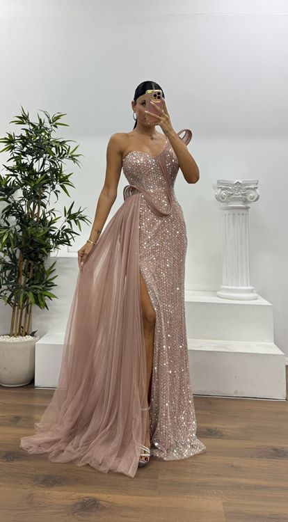 Soğan Kabuğu Tek Omuz Tül Detay Abiye Elbise