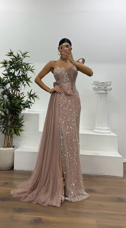 Soğan Kabuğu Tek Omuz Tül Detay Abiye Elbise