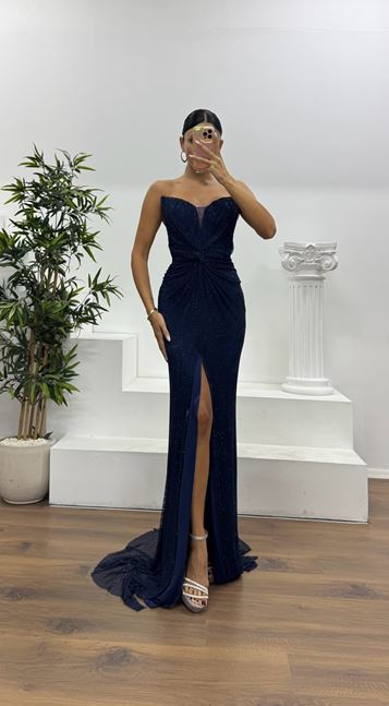 Navy Blue Strapless Evening Dress