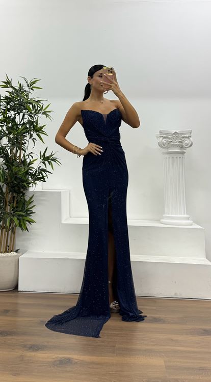 Marineblaues trägerloses Abendkleid