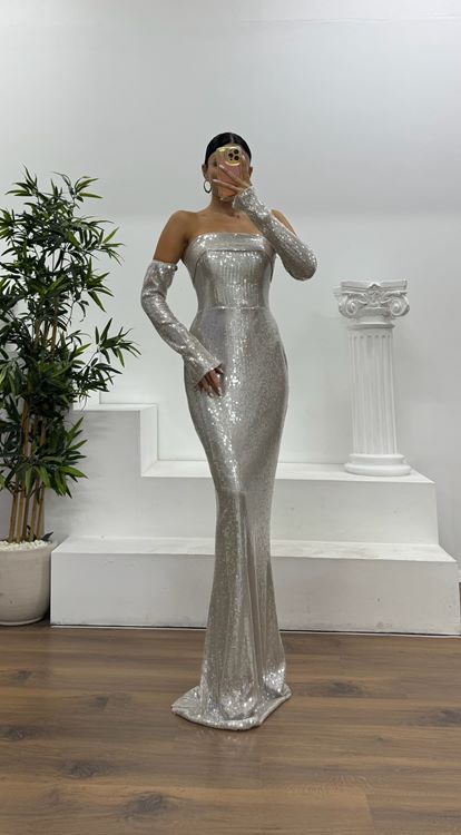 Vizon Straplez Pullu Abiye Elbise