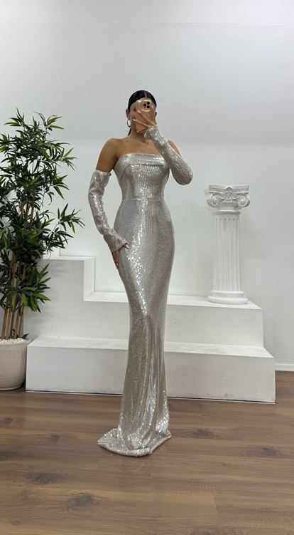 Vizon Straplez Pullu Abiye Elbise