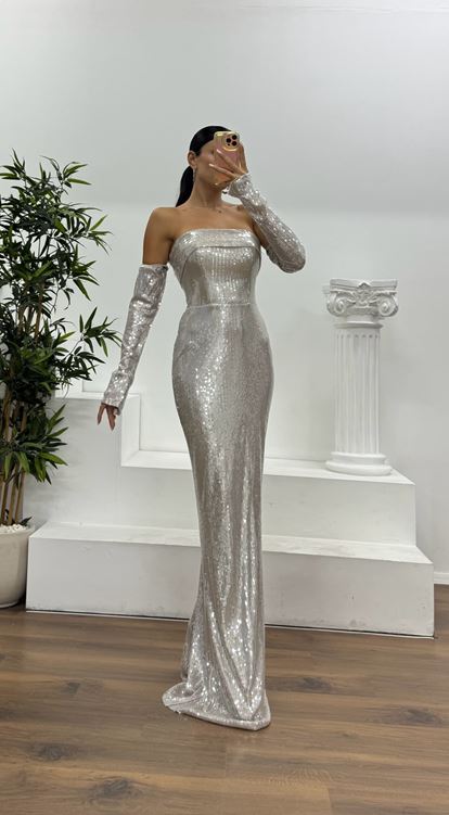 Vizon Straplez Pullu Abiye Elbise