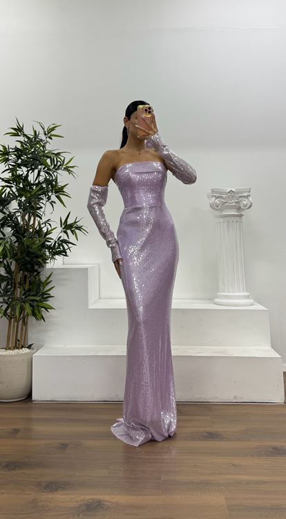 Lila Straplez Pullu Abiye Elbise