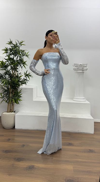 Mavi Straplez Pullu Abiye Elbise