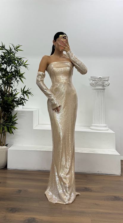 Açık Gold Straplez Pullu Abiye Elbise