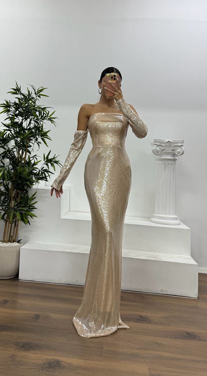 Açık Gold Straplez Pullu Abiye Elbise