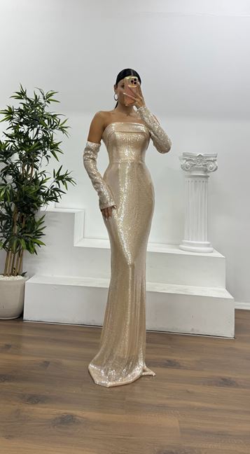 Açık Gold Straplez Pullu Abiye Elbise