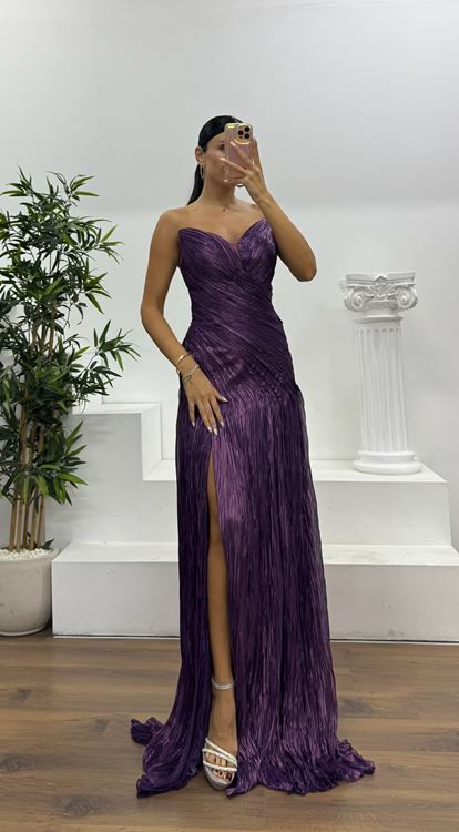 Menekşe Kalp Yaka Straplez Abiye Elbise