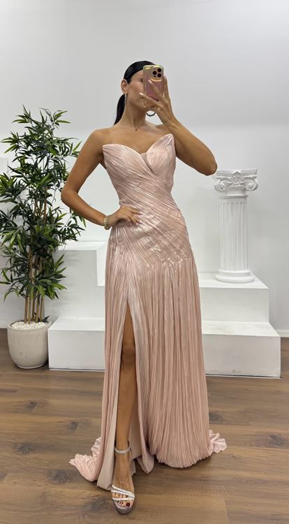 Pudra Kalp Yaka Straplez Abiye Elbise