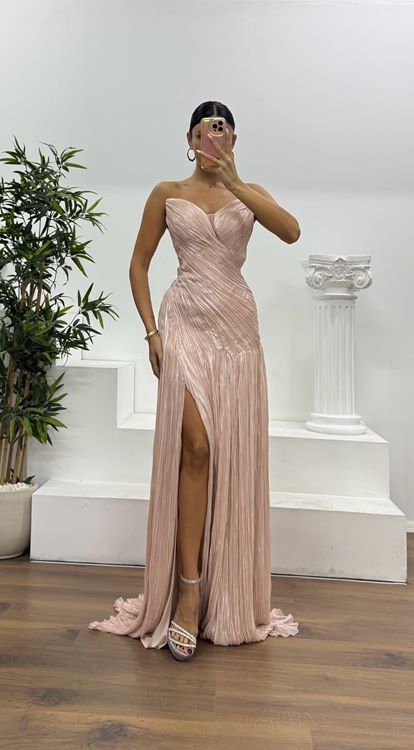 Pudra Kalp Yaka Straplez Abiye Elbise