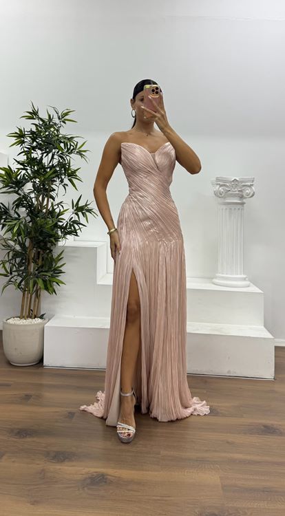 Pudra Kalp Yaka Straplez Abiye Elbise