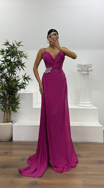 Fuşya İp Askılı Bel Detay Abiye Elbise